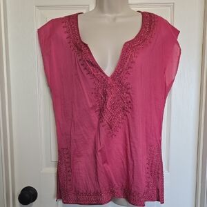 New York & Company Fuchsia Embroidered Blouse